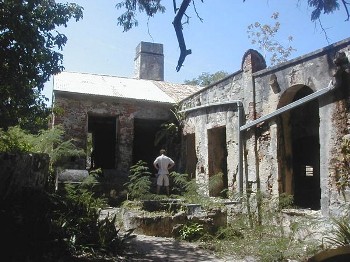 A man standing outside of sugar mill ruins